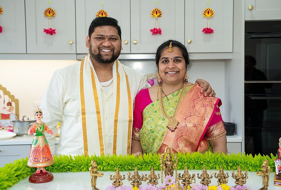 Couple at their Grihapravesham celebration